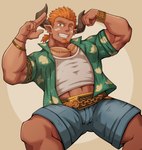 abs beard biceps bottomwear clothing ear_piercing facial_hair flexing goatee hair horn humanoid_pointy_ears male muscular muscular_male one_eye_closed orange_facial_hair orange_goatee orange_hair piercing pointy_ears ponytail shirt shorts solo tan_body tan_skin topwear biore cygames granblue_fantasy lantana_(granblue_fantasy) animal_humanoid bovid bovid_humanoid bovine bovine_humanoid draph humanoid mammal mammal_humanoid hi_res