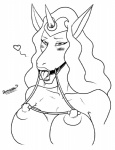 anthro areola big_breasts breasts erect_nipples female gag heart_symbol horn linked_nipples nipples open_mouth open_mouth_gag ring_gag solo tongue doomington disney gargoyles mythology una equid equine mammal mythological_creature mythological_equine unicorn monochrome