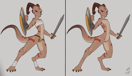 4_toes 5_fingers anthro arm_markings armor biped brown_claws brown_horn brown_tail casual_nudity chest_wraps claws clothed clothed_anthro clothed_female clothing countershade_face countershade_feet countershade_hands countershade_legs countershade_neck countershade_tail countershade_torso countershading curled_horn digitigrade facial_markings featureless_chest feet female female_anthro fighting_pose fingers flat_chested flesh_fang foot_wraps genitals gradient_tail grey_background head_markings holding_melee_weapon holding_object holding_shield holding_sword holding_weapon horn humanoid_genitalia humanoid_hands humanoid_vulva leg_markings long_tail looking_at_viewer markings melee_weapon mouth_closed multicolored_body multicolored_tail narrowed_eyes nude nude_anthro nude_female off/on pose pupils purple_eyes red_markings serious serious_face shield shoulder_markings simple_background skimpy slim slim_anthro slim_female slit_pupils solo standing sword tail tail_markings tan_body tan_countershading tapering_tail thong three-quarter_view toe_claws toes unconvincing_armor underwear vulva weapon white_sclera white_wraps wraps w4g4 kobold scalie 2019 alternate_version_at_source english_description full-length_portrait hi_res multiple_images pinup portrait