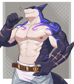abs anthro belt black_sclera clothed clothing fin gills grin male muscular muscular_anthro muscular_male nipples pecs scar smile smirk solo tattoo topless topless_anthro topless_male yellow_eyes chilly_tokage xxl_woofia captain_locke_(xxl_woofia) fish marine shark absurd_res hi_res