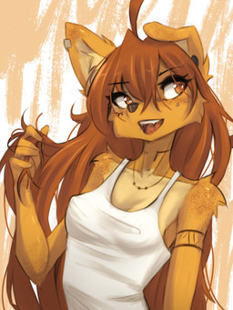5_fingers anthro biped breasts brown_eyes brown_hair clothed clothed_anthro clothed_female clothing female fingers fur hair smile solo tan_body tan_fur tattoo teeth tongue tinygaypirate apogee_(tinygaypirate) canid canine canis domestic_dog mammal 2025 3:4 digital_drawing_(artwork) digital_media_(artwork) hi_res