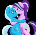 blue_body blue_hair blush butt cutie_mark duo eyelashes female feral hair hooves horn long_hair multicolored_hair nose_kiss pink_body purple_eyes purple_hair simple_background two_tone_hair raikoh-illust friendship_is_magic hasbro my_little_pony mythology starlight_glimmer_(mlp) trixie_(mlp) equid equine mammal mythological_creature mythological_equine unicorn 2016 alpha_channel