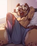 anthro armpit_hair athletic athletic_anthro athletic_male bed big_penis bodily_fluids body_hair brown_body brown_fur bulge clothed clothing cute_fangs detailed_bulge erection eyes_closed fangs fur furniture genital_focus genital_outline genitals groggy hair humanoid_genitalia humanoid_penis inner_ear_fluff lying male markings morning_wood on_back on_bed open_mouth penis penis_focus penis_outline penis_poking_out reclining solo spots spotted_body spotted_fur spread_legs spreading tears teeth tenting tired topless topless_anthro topless_male tuft underwear underwear_only waking_up white_hair yawn juantriforce milo_(juantriforce) african_wild_dog canid canine mammal 2025 4:5 hi_res