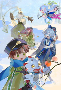 anthro asian_clothing bottomwear brown_hair claws clothing curled_tail east_asian_clothing female fur gloves green_eyes group hair handwear hat headgear headwear japanese_clothing long_ears male pants ponytail_ears smile tail tentacles wings yellow_body yellow_fur babyy999 bandai_namco digimon digimon_ghost_game hiro_amanokawa kiyoshiro_higashimitarai ruri_tsukiyono digimon_(species) gammamon human humanoid jellymon mammal scalie symbareangoramon absurd_res hi_res
