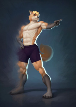 anthro boxer_briefs claws clothed clothing feet gesture hair hand_gesture hand_on_hip male muscular muscular_male navel pointing smile solo topless topless_male underwear furayob canid canine fox mammal hi_res