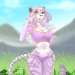 5_fingers anthro breasts clothed clothed_anthro clothed_female clothing cloud day female fingers front_view fur grey_body grey_fur grey_tail hair looking_aside markings navel open_mouth outside panties purple_eyes purple_hair sky solo standing striped_body striped_fur striped_markings striped_tail stripes tail tail_markings tongue topwear translucent translucent_clothing underwear monstercheetah yunna_(monstercheetah) felid mammal pantherine tiger 1:1 2024 digital_media_(artwork) hi_res