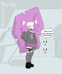 alternative_fashion anthro big_hair bottomwear bowl clothed clothing collar container cross dialogue eggplant electrical_outlet eyebrow_piercing eyeliner facial_piercing female food fruit goth hair half-closed_eyes hand_on_hip insult insulting_viewer inverted_cross leather_shoes legwear makeup micro mismatched_legwear mismatched_socks narrowed_eyes off-shoulder_top open_mouth pattern_clothing pattern_legwear pattern_stockings piercing plant profanity punk purple_hair simple_background skirt solo speech_bubble spiked_collar spikes stockings striped_clothing striped_legwear striped_stockings stripes teeth text topwear torn_clothing torn_legwear torn_stockings mardymuntjak heidi_(mardymuntjak) eulipotyphlan hedgehog mammal 2025 digital_media_(artwork) english_text hi_res