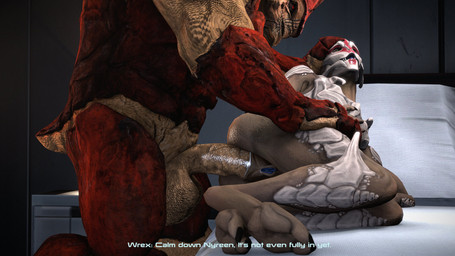4_balls anal anal_penetration balls bed blue_vulva bodypaint butt dialogue duo face_paint facial_scar female female_penetrated furniture genitals head_grab humanoid_genitalia humanoid_penis inside interspecies larger_male leg_grab lying male male/female male_penetrating male_penetrating_female multi_balls multi_genitalia muscular muscular_male nude on_bed on_side penetration penis scar sex size_difference smaller_female standing text thigh_grab vulva xenophilia cheap-wazoo ghost0fonyx_(modeler) bioware electronic_arts mass_effect nyreen_kandros urdnot_wrex alien krogan turian 16:9 3d_(artwork) 4k absurd_res digital_media_(artwork) english_text hi_res source_filmmaker_(artwork) widescreen