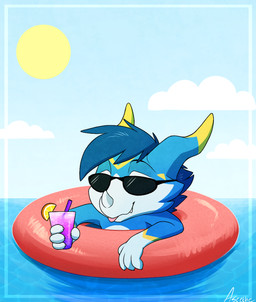 5_fingers anthro beach beverage blue_hair claws eyewear fingers hair inflatable inner_tube male outside pool_toy seaside simple_background sky smile solo sun sunglasses tongue tongue_out water aseethe bandai_namco digimon mythology fan_character yami_the_veemon digimon_(species) dragon lizard mythological_creature mythological_scalie reptile scalie veemon 2017 digital_media_(artwork) hi_res