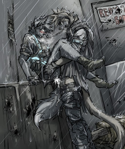 anal anal_penetration anthro armor bdsm blush bodily_fluids body_armor bondage bottomwear bottomwear_down bound bullet_hole chain chain_leash chained clothed clothing collar cum cum_in_ass cum_inside dominant dominant_male duo genital_fluids leash leash_pull male male/male male_penetrated male_penetrating male_penetrating_male outside pants pants_down partially_clothed penetration raining sex sign street submissive submissive_male wanted_poster water linni-fight canid canine mammal grey_theme spot_color
