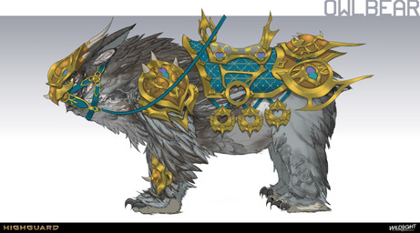 4_toes ambiguous_feral ambiguous_gender armor brown_body brown_feathers claws company_name feathers feet feral gold_(metal) gold_armor gold_greaves gold_mask gradient_background greaves grey_body grey_claws grey_feathers horned_mask light mask multicolored_body multicolored_feathers plantigrade quadruped reins saddle side_view simple_background solo standing text toe_claws toes yellow_eyes nicholas_patrick_kelana highguard_(game) avian bear bird mammal moonbruin_(highguard) owl ursine 2026 absurd_res colored concept_art digital_drawing_(artwork) digital_media_(artwork) english_description english_text hi_res lighting official_art shaded