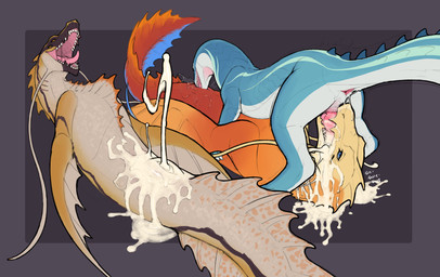 anal animal_genitalia animal_vulva anus bodily_fluids butt cetacean_genitalia cetacean_vulva cum cum_expulsion cum_in_mouth cum_in_vagina cum_inside cum_on_face cum_on_penis cum_while_penetrated drinking drinking_cum ejaculation erection excessive_cum excessive_genital_fluids female feral fin genital_fluids genitals group male male/female mammary_slits messy multi_eye open_mouth oral oral_penetration orange_body penetration penile penis rimming scales sex simple_background splatter tail text thrusting tongue trio vaginal_fluids vaginal_squirting vulva glimchip mythology aquatic dragon fish mythological_creature mythological_scalie reptile scalie absurd_res digital_media_(artwork) hi_res