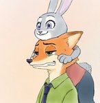 anthro bodily_fluids clothed clothing duo female fully_clothed fur green_eyes grey_body grey_fur half-closed_eyes male narrowed_eyes necktie orange_body orange_fur purple_eyes shirt simple_background smile snout_between_ears sweat sweatdrop topwear disney_kogaki disney zootopia judy_hopps nick_wilde canid canine fox lagomorph leporid mammal rabbit red_fox true_fox 2020