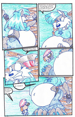 anthro belly big_belly blue_clothing blue_hair blue_shirt blue_topwear clothing duo female hair inside male overweight shirt speech_bubble text topwear virus-20 wendy_wolf_(virus-20) canid canine canis domestic_dog mammal wolf 2008 comic