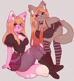 4_fingers anthro arm_tuft bangs barbell_piercing bent_legs big_breasts black_boots black_bottomwear black_choker black_clothing black_footwear black_jewelry black_necklace black_shirt black_shorts black_tank_top black_topwear blonde_eyebrows blonde_hair blue_eyes blush blush_lines boots bottomwear breast_tattoo breasts brown_hair cheek_tuft choker cleavage closed_frown closed_smile clothed clothed_anthro clothed_female clothing dipstick_ears dipstick_tail duo ear_markings ear_piercing ear_ring ear_tuft eyebrow_through_hair eyebrows eyelashes eyelashes_through_hair facial_tuft female female_anthro fingers footwear frown frowning_at_viewer fully_clothed fully_clothed_anthro fully_clothed_female fur fur_tattoo grey_background grey_clothing grey_leggings grey_legwear grey_tail hair hand_behind_head heart_(marking) heart_symbol inner_ear_fluff jewelry leaning leaning_forward leggings legwear long_hair long_tail looking_at_viewer markings medium_breasts mouth_closed multicolored_body multicolored_ears multicolored_fur multicolored_hair necklace nipple_barbell nipple_outline nipple_piercing nipples pattern_bottomwear pattern_clothing pattern_legwear pattern_skirt pattern_stockings pattern_thigh_highs piercing pink_body pink_fur pink_nose pink_tail plaid plaid_bottomwear plaid_clothing plaid_skirt purple_clothing purple_legwear purple_stockings purple_thigh_highs red_bottomwear red_clothing red_skirt ring_piercing shirt shoelaces shoes shorts shoulder_tuft simple_background sitting skirt smile smiling_at_viewer standing stockings striped_clothing striped_legwear striped_stockings striped_thigh_highs stripes tail tail_markings tank_top tattoo text thick_thighs thigh_highs topwear torn_clothing torn_leggings torn_legwear translucent translucent_hair tuft two_tone_hair two_tone_tail white_ear_tips white_inner_ear_fluff white_markings white_tail_tip suzeart cami_(suzeart) kitty_(suzeart) domestic_cat felid feline felis mammal 2024 artist_name colored digital_drawing_(artwork) digital_media_(artwork) english_description hi_res shaded