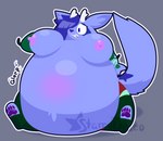 anthro antlers belly big_belly big_breasts big_ears blue_body blue_fur blueberry_inflation breasts female fur hair horn inflation nipples onomatopoeia overweight pawpads paws simple_background solo sound_effects text starrydraco starry_(starrydraco) mammal therrigon absurd_res digital_media_(artwork) hi_res