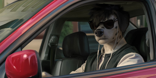 anthro black_hair black_spots car character_insert clothed clothing driving earbuds electronics eyewear floppy_ears fur hair headphones hoodie inside_car inside_vehicle male movie_frame movie_reference reflection sitting solo spots sunglasses text topwear vehicle wearing_sunglasses white_body white_fur geewolf baby_driver miles_mcfly canid canine canis dalmatian domestic_dog mammal 2026 3d_(artwork) artist_name digital_media_(artwork) digital_painting_(artwork) hi_res painting_(artwork) signature