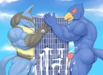 anthro avian beak big_pecs big_penis bird blue_body blue_fur blush bodily_fluids building building_penetrated building_sex canid canine cum cum_inside double_penetration duo erection excessive_cum excessive_genital_fluids eyes_closed falco_lombardi fur generation_4_pokemon genital_fluids genitals hi_res humanoid_genitalia humanoid_penis led_owo lucario macro male male_penetrating mammal muscular muscular_male nintendo orgasm pecs penetration penis pokemon pokemon_(species) spines star_fox