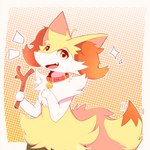 anthro bell bell_collar cheek_tuft collar facial_tuft fur head_tuft holding_object holding_stick inner_ear_fluff looking_at_viewer open_mouth open_smile orange_body orange_fur smile solo stick tuft white_body white_fur yellow_body yellow_fur kinozel nintendo pokemon braixen generation_6_pokemon pokemon_(species) 1:1 2021 absurd_res digital_media_(artwork) hi_res