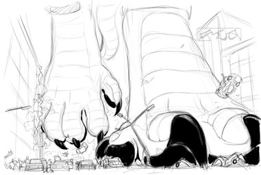 ambiguous_gender anthro biped building building_destruction car city_destruction claws crowd destruction digitigrade feet foot_focus group macro paws solo_focus tail vehicle walking kencougr riot_(cougr) scalie 2015 greyscale monochrome sketch