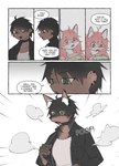 anthro black_hair brown_body brown_fur canid canine clothed clothing collar comic dialogue digital_media_(artwork) duo ear_piercing ear_ring english_text female fox fur fur_(theterm) green_eyes hair hi_res human human_to_anthro jacket kemono long_hair mammal night_(theterm) open_mouth piercing pink_body pink_fur pink_hair poof_transformation ring_piercing shirt simple_background species_transformation speech_bubble teeth text theterm topwear transformation white_body white_fur yellow_eyes young