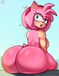 2024 absurd_res accessory amy_rose anthro big_butt biped bodily_fluids breasts butt eulipotyphlan eyelashes female hair headband hedgehog hi_res huge_butt looking_back madheaven mammal nude open_mouth pink_body pupils sega signature sitting sonic_the_hedgehog_(series) sweat tail thick_thighs