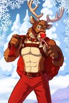 abs anthro antlers bag bell belt big_muscles bottomwear bracelet candy candy_cane clothed clothing collar day dessert eyebrows food fur harness holding_object holidays horn jewelry licking male muscular muscular_anthro muscular_male muzzle_(object) muzzled navel nipples outside pants pecs plant smile snow snowflake snowing solo tongue tongue_out topless topless_anthro topless_male tree tuft leo-artis christmas rudolph_the_red-nosed_reindeer deer mammal new_world_deer reindeer 2024 2:3 absurd_res hi_res