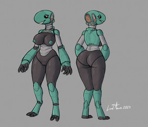 2_toes 4_fingers anthro big_breasts black_sclera breasts digitigrade feet female fingers genitals glowing glowing_eyes grey_background looking_at_viewer machine metallic_body narrowed_eyes nipples pink_eyes segmented_body simple_background smile smiling_at_viewer solo teal_body teeth_showing thick_thighs toes vulva lordflawn myr-a_(lordflawn) ambiguous_species android robot 2023 model_sheet signature