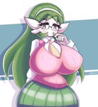 accessory big_breasts blush bottomwear breasts clothing curvy_figure eyewear female glasses green_hair hair hair_accessory hairband hand_behind_back huge_breasts long_hair looking_at_viewer necktie not_furry simple_background skirt solo topwear vest voluptuous voluptuous_female white_background wide_hips z3r0 nintendo pokemon mina_evaline gardevoir generation_3_pokemon humanoid pokemon_(species) 2021 absurd_res hi_res signature