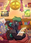 ambiguous_gender anthro book clothing cushion paintbrush_tail painting pillow shelf solo window sketchygarden nintendo pokemon generation_2_pokemon generation_4_pokemon generation_5_pokemon pokemon_(species) riolu smeargle zoroark poppy_(disambiguation) hi_res