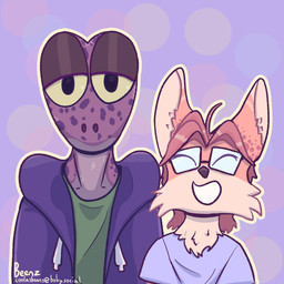 ahoge ambiguous_gender anthro blue_clothing blue_shirt blue_t-shirt blue_topwear clothed clothing duo eyes_closed eyewear glasses green_clothing green_shirt green_t-shirt green_topwear hair head_tuft hoodie inner_ear_fluff looking_at_viewer open_clothing open_mouth open_smile open_topwear purple_body purple_clothing purple_hoodie purple_topwear shirt smile smiling_at_viewer t-shirt topwear tuft yellow_sclera beenz archie_(beenz) seb_(beenz) canid canine fox gecko lizard mammal reptile scalie 1:1 2025 digital_drawing_(artwork) digital_media_(artwork) hi_res icon watermark nonbinary_(lore) trans_(lore) trans_man_(lore)