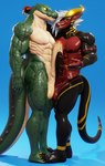 abs anthro balls balls_touching biceps big_penis black_body blue_background countershading duo erection feet foreskin frottage genitals green_body green_scales hair horn huge_penis humanoid_feet humanoid_genitalia humanoid_penis male male/male markings muscular muscular_anthro muscular_male nipples nude obliques pecs penile penis penis_size_difference pink_nipples plantigrade red_body ribs scales serratus sex simple_background standing tail tan_body tan_countershading tan_scales triceps white_hair yellow_markings yellow_sclera connivingrat mythology duncan_(strahinium) helm_(connivingrat) crocodile crocodilian dragon mythological_creature mythological_scalie reptile scalie 3d_(artwork) digital_media_(artwork) hi_res