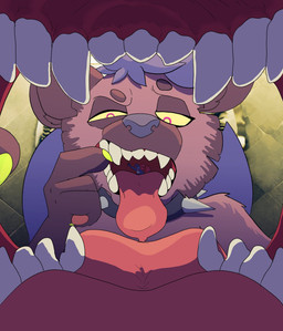 ambiguous_gender anthro anthro_pred blue_body blue_hair brown_body brown_fur clothing collar duo extreme_size_difference fangs female fingers first_person_view fur grey_body hair half-closed_eyes imminent_vore in_mouth larger_anthro macro male micro mirror mirror_reflection mouth_shot narrowed_eyes nude open_mouth oral_vore partially_inside pink_eyes pink_tongue prey_pov red_eyes reflection reverse_mouth_shot sharp_teeth size_difference smaller_anthro smaller_male spiked_collar spikes teeth tongue tongue_out uvula vore yellow_eyes yellow_sclera flinttheyordle canid hyena mammal spotted_hyena digital_media_(artwork) hi_res