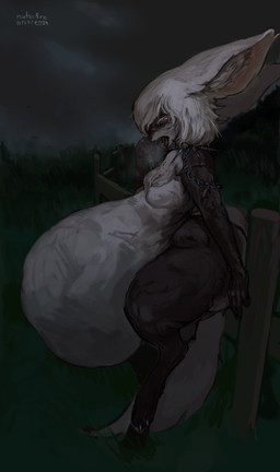 abdominal_bulge anthro belly big_belly big_butt big_ears blood bodily_fluids bottom_heavy breasts butt chain chain_leash chest_tuft claws collar collar_only digitigrade featureless_breasts female hair huge_belly huge_butt hyper hyper_belly leash nude scar scars_all_over small_breasts solo spiked_collar spikes thick_thighs tuft vore wide_hips mathc0re hajnalka_(mathc0re) canid canine fennec_fox fox mammal true_fox 2024 absurd_res digital_media_(artwork) hi_res