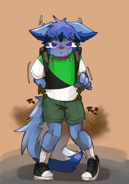 5_fingers anthro backpack bar_emanata blue_body blue_fur blush bottomwear clothing emanata fart fingers footwear front_view fur green_bottomwear green_clothing green_shorts male open_mouth rumbling_stomach shirt shoes shorts solo sound_effects standing tail text topwear white_body white_fur white_tail young endoudouhu canid canine canis mammal wolf 2026 absurd_res hi_res japanese_text