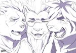 anthro blush eyebrows eyewear group male mane monocle thick_eyebrows trio whiskers hijirinoyuta lifewonders tokyo_afterschool_summoners barguest_(tas) macan_(tas) snow_(tas) bear felid lion mammal pantherine tiger bust_portrait hi_res monochrome portrait