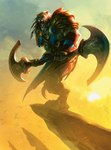 action_pose anthro armor axe biped blue_eyes braided_mane cloud eye_scar facial_scar fangs feral holding_axe holding_object holding_weapon jewelry lips male mane muscular muscular_anthro muscular_male necklace one_eye_closed open_mouth pauldron pose purple_lips ring scar sky solo sun teeth tongue_in_mouth weapon white_mane yellow_sky doug_alexander_gregory hasbro magic:_the_gathering wizards_of_the_coast ajani_goldmane avian bird felid leonin lion mammal pantherine 2012 hi_res official_art