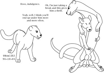 anal animal_genitalia balls dialogue eyes_closed feral fur genitals group interspecies long_tail male male/male sheath simple_background smile spread_legs spreading standing tail text trio urbanhermit mammal murid murine mustelid musteline rat rodent true_musteline weasel 1996 black_and_white dated english_text monochrome