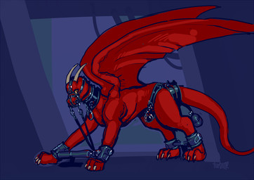 bdsm bondage bondage_gear bound chastity_cage chastity_device claws collar cuff_(restraint) feral horn inflation_bulb male male_feral red_body red_scales reins restraints scales snout solo spreader_bar tail wings turbinedivinity mythology hueroc dragon mythological_creature mythological_scalie scalie