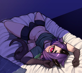 1_eye 5_fingers bed big_eyes biped black_body black_skin bottomwear bulge clothing detailed_bulge femboy fingers furniture genital_outline gloves_(marking) hair horn light_body light_skin looking_at_viewer lying male markings midriff multicolored_body multicolored_skin noseless on_back pale_skin penis_outline purple_hair short_hair shorts slim solo tan_body tan_skin two_tone_body two_tone_skin wide_hips sucaciic ansel_(anaid) cyclops demon horned_tailclops mammal tailclops_(species) 2020 hi_res
