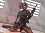 anthro ar-15 assault_rifle biped bodily_fluids breasts brown_hair clothing detailed_background detailed_gun digitigrade dog_tags explosives female fingerless_gloves fur genital_fluids genitals gloves grenade_launcher gun hair handwear holding_gun holding_object holding_ranged_weapon holding_weapon inside jewelry kneeling light light_beam m16 m16a1 m203 mostly_nude necklace nipples open_mouth pussy ranged_weapon rifle rubble short_hair solo vaginal_fluids weapon twinkle-sez domina_vargas canid canine canis dobermann domestic_dog mammal pinscher 2016 full-length_portrait portrait