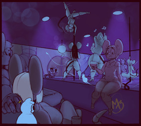 accessory anthro big_breasts big_butt big_ears black_hair blonde_hair bra breasts butt clothing dancing dress eyewear female footwear glass group hair high_heels holding_glass holding_object inside jewelry male musical_note musical_symbol necklace necktie nightclub panties pole pole_dancing shoes short_hair sitting small_breasts stripper_pole suit sunglasses symbol underwear masxi_32 mammal mouse murid murine rodent 2026 signature