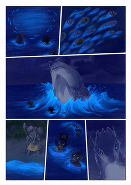 anthro beach black_body black_fur clothed clothing cloud dark_body ear_fins female fin fur grey_body group male night proboscis_(anatomy) sand sea sky smile split_form tail trunk_(anatomy) water bjekkergauken mythology imbali_(bjekkergauken) isilo_(bjekkergauken) aquatic elephant elephantid mammal merfolk proboscidean reptile scalie sea_monster turtle unknown_species 2026 colored comic hi_res