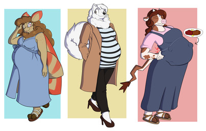 anthro female group pregnant pregnant_female trio zenzzohyr alina_(zenzzohyr) betsy_(zenzzohyr) kaylie_(zenzzohyr) arthropod bovid bovine canid canine canis domestic_dog insect lepidopteran mammal moth nordic_sled_dog samoyed spitz absurd_res hi_res