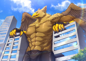 5_fingers abs anthro beak biceps biped boxer_briefs brown_body brown_fur building building_destruction bulge city city_background cityscape claws clothed clothing destruction feathered_wings feathers finger_claws fingerless_gloves fingers fur gloves handwear house light low-angle_view macro macro_anthro macro_male male muscular muscular_anthro muscular_male outside pecs sky smile solo sunlight topless underwear wings taikoku mythology carpo avian gryphon mythological_avian mythological_creature hi_res