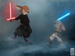 anthro blue_lightsaber brown_body brown_fur clothed clothing crossguard_lightsaber duel duo eye_contact female fight fighting_pose fully_clothed fur grey_body grey_fur head_tuft holding_object holding_weapon lightsaber looking_at_another male melee_weapon outside pose red_lightsaber toeless_legwear tuft weapon florenze disney star_wars zootopia judy_hopps kylo_ren nick_wilde rey_(star_wars) canid canine fox lagomorph leporid mammal rabbit red_fox true_fox 2020 animated crossover hi_res short_playtime