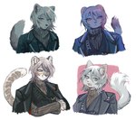 anthro cat_tail clone clothed clothing countershade_face countershade_fur countershade_torso countershading cross_stitch female fingers fur group hair inner_ear_fluff looking_at_viewer multiple_expressions neutral_expression simple_background smile suit sweater tail topwear tuft turtleneck white_body white_fur maxpawb limbus_company project_moon faust_(limbus_company) animal_humanoid arctic_fox canid canine domestic_cat felid felid_humanoid feline feline_humanoid felis fox humanoid leopard mammal mammal_humanoid mustelid musteline pantherine snow_leopard stoat true_fox true_musteline weasel bust_portrait digital_media_(artwork) hi_res portrait female_(lore)