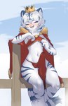 anthro bedroom_eyes blush bodily_fluids bottomwear bulge clothing crown detailed_bulge erection erection_under_clothing fur genital_fluids genital_outline headgear kemono loincloth male narrowed_eyes penis_outline precum precum_through_clothing prince red_eyes royalty seductive solo striped_body striped_fur stripes wet wet_clothing white_body white_fur wide_hips young kikiat285 vtuber azura_safir felid mammal pantherine tiger hi_res