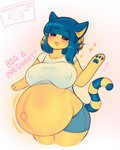 anthro belly big_belly big_breasts blonde_highlights blue_hair breasts cat_smile clothing eyes_closed female fur hair highlights_(coloring) huge_thighs markings motion_lines multicolored_hair navel nipple_outline open_mouth open_smile pregnant shirt short_hair smile solo standing striped_markings striped_tail stripes tail tail_markings text thick_thighs topwear wide_hips yellow_body yellow_fur raikissu animal_crossing nintendo subscribestar ankha_(animal_crossing) domestic_cat felid feline felis mammal 2024 hi_res url watermark