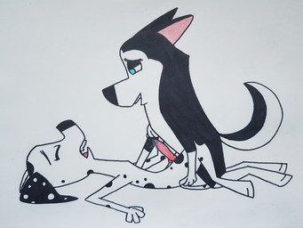 anal anal_penetration animal_genitalia animal_penis anthro black_ears black_nose black_spots bodily_fluids canine_genitalia canine_penis countershade_face countershading duo ears_up erection floppy_ears fur genitals heterochromatic_ears intraspecies knot knotted_penis leg_markings male male/male male_penetrated male_penetrating male_penetrating_male markings obscured_penetration penetration penile penile_penetration penis pink_inner_ear sex socks_(marking) spots white_body white_fur white_paws white_spots unknown_artist 101_dalmatian_street 101_dalmatians disney dylan_(101_dalmatians) hansel_(101_dalmatians) canid canine canis dalmatian domestic_dog husky mammal nordic_sled_dog spitz 4:3 absurd_res hi_res